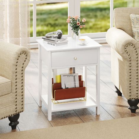 Table de Chevet en Bois avec Tiroir Table de Canapé avec Étagère Ouverte Style Milieu du Siècle Table d'Appoint Multifonctionnelle Blanc (1/3)