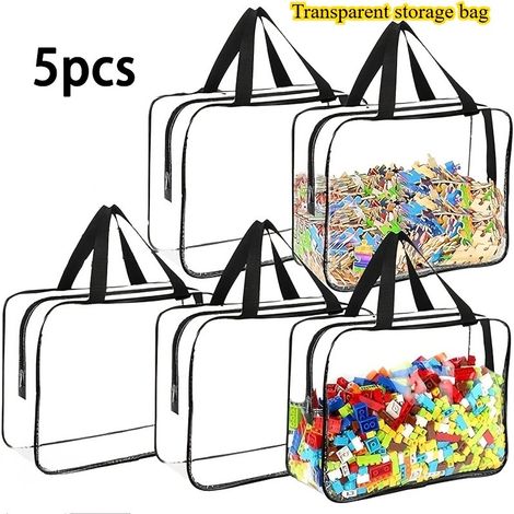 Fünf transparente Aufbewahrungsbeutel aus PVC (30 × 18 × 10 cm) mit Reißverschluss und Tragegriffen. Diese vielseitigen, transparenten Reisebeutel eignen sich zur Aufbewahrung von Kleidung und Toilett (1/5)