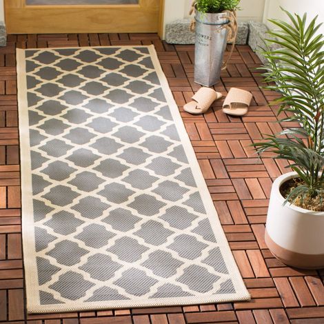 Tapis Géométrique pour Imperméable à l'eau Intérieur et extérieur Courtyard Collection, Tapis à Poil Court, Anthracite et Beige, 69 X 244 cm (1/3)
