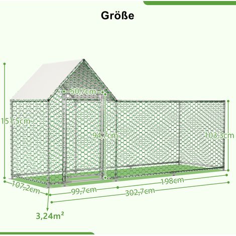 Gallinero con corral 302,7 x 107,2 x 151,5 cm, techo de PE, cierre de seguridad DESVIAE (1/4)