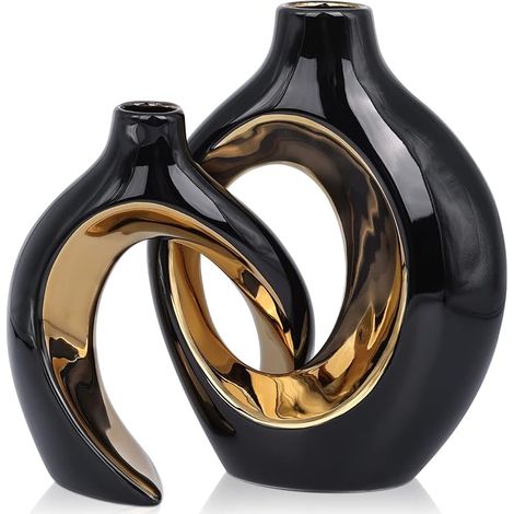 Vase céramique Noir et doré, Vase déco Maison Salon Table Pour pampa et fleurs séchées, centre de table salon, entrée, mariage et fête (1/5)