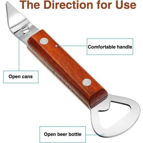 Décapsuleur Ouvre-Boîte 2 en 1 manuel, inox avec manche en bois, perforateur de canette, lot de 2 (1/4)