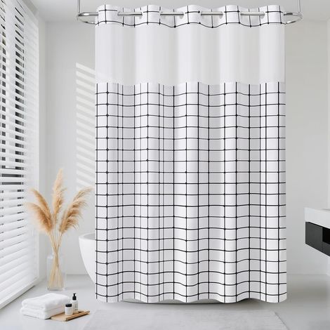 Rideau de douche sans crochet, rideaux de douche épais et résistants en polyester à carreaux avec fenêtre supérieure en maille, style bohème imperméable, pour salle de bain, 190,5 x 182,9 cm (L x l) (1/4)