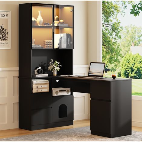 Bureau d'angle 120x80x180 cm MDF noir avec vitrine LED 7 couleurs, rangement pour bureau – MEUBLIV (1/5)