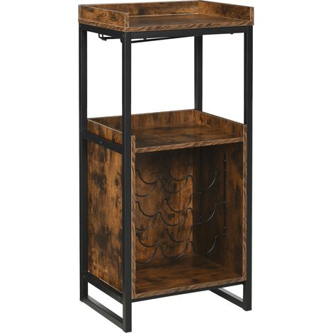 Casier à vin style industriel, étagère porte-bouteilles 9 bouteilles, support verres intégré, métal noir imitation vieux bois veiné.