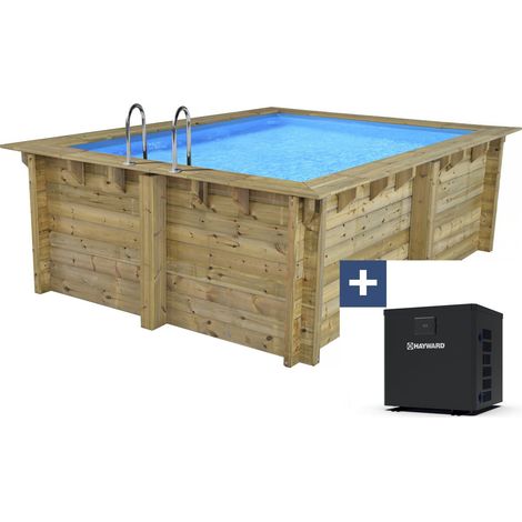 Rechteckiger Holzpool "Caimans 140" - 4,10 x 3,00 x 1,39 M + Mini-Wärmepumpe 3,5 kW - Metall - Grau