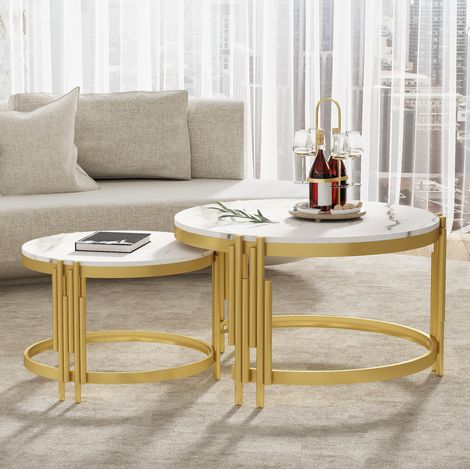 Couchtisch-Set rund, nestbar, MDF in weißer Marmoroptik, Metall in Antikmessing, 71,5/51,5 cm (1/5)