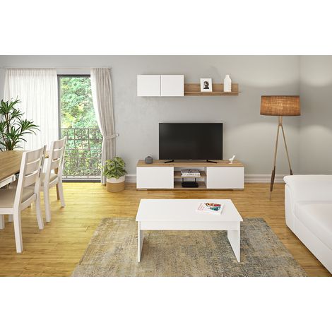 Pegane – Ensemble de meubles de salon chêne blanc – Meuble bas 180x40x41,5 cm – Meuble haut 80x30x36 cm – Panneaux mélamine haute densité