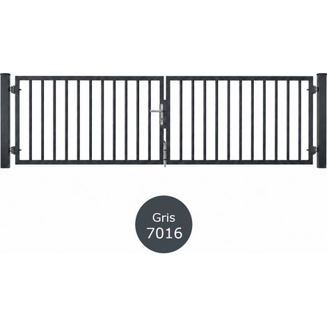 Portail battant barreaudé acier ouverture réversible H 100 x L 300 cm - gris (1/5)