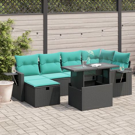 7-teiliges Gartensofa-Set mit Kissen, schwarzes Polyrattan (1/5)