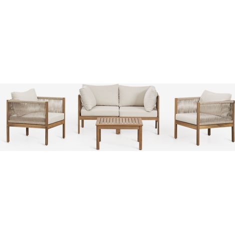 Conjunto de salón con sofá modular de 2 piezas con reposabrazos, 2 sillones y mesa de centro en madera de acacia Branson SKLUM              (1/5)