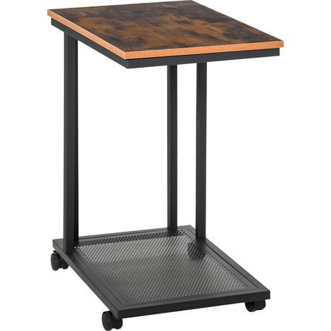 C-förmiger Beistelltisch. Rollwagen. Servierwagen. Laptoptisch. Couchtisch. Nachttisch mit Metallgestell. Industriedesign. Schwarz-weiße Ausführung.