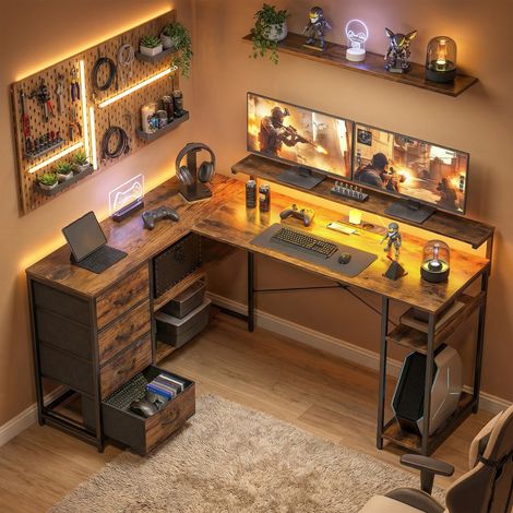 Table jeu en forme L connexion électrique éclairage LED 4 tiroirs support moniteur - Dimensions: 155x110x91,4 cm - Couleur: Marron (1/5)