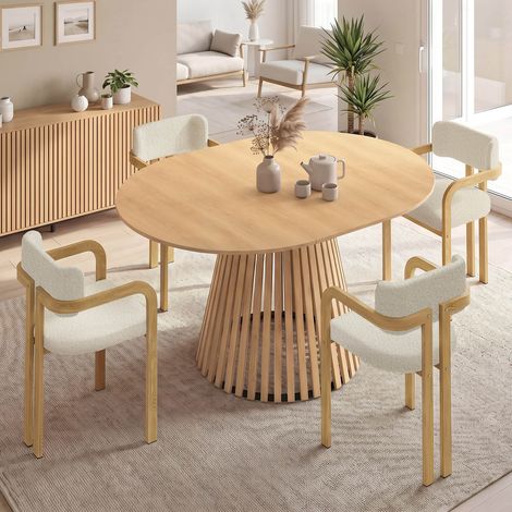 Conjunto de mesa de comedor redonda extensible CARMEN para 4-8 personas, con patas de listones de 110 a 150 cm, y 4 sillas ESMA (1/5)