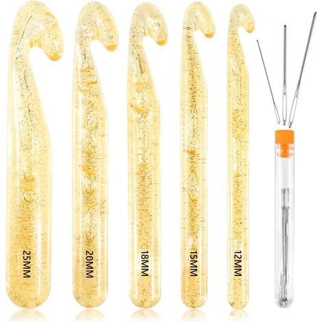 Kit per uncinetto da 5 pezzi, uncinetti in plastica trasparente, misure 12/15/18/20/25 mm, con ago per tappeti tessuti e ricami.