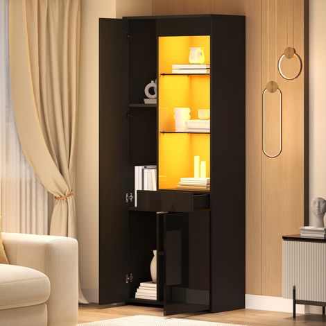 Vitrina alta 70x35x180 cm en aglomerado negro con LED para salón de ahorro de espacio - MEUBLIV (1/5)