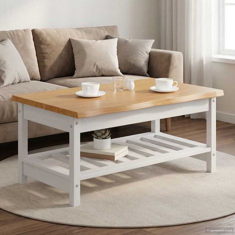 Table basse blanche en bois de pin massif avec étagère, 100 x 60 x 45,5 cm - PANGIVO (1/5)