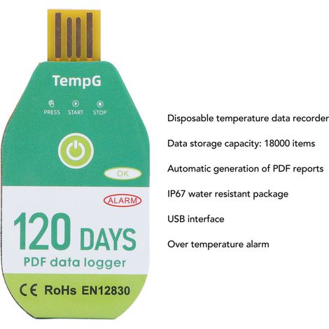 [Enregistreur de Température USB] + [Format PDF] + [IP67 Etanche] + [Utilisation Ponctuelle] + [18 000 Données] + [Sans Logiciel] + [Durée 120 Jours]