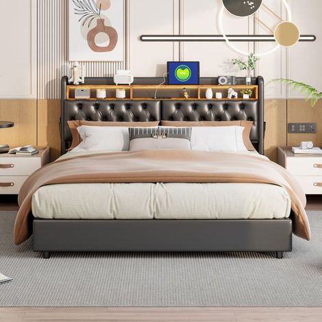 Lit Doppelbett Schwarz 180x200 cm - LED Kopfteil - USB-Anschlüsse - Praktischer Stauraum