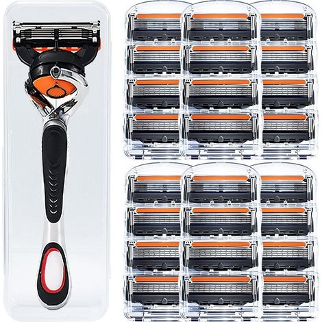 5-Klingen-Handrasierer – Klassischer Herrenrasierer mit schwenkbarem Kopf (1 Rasierergriff + 24 orange und schwarze Klingen + Etui) (1/5)