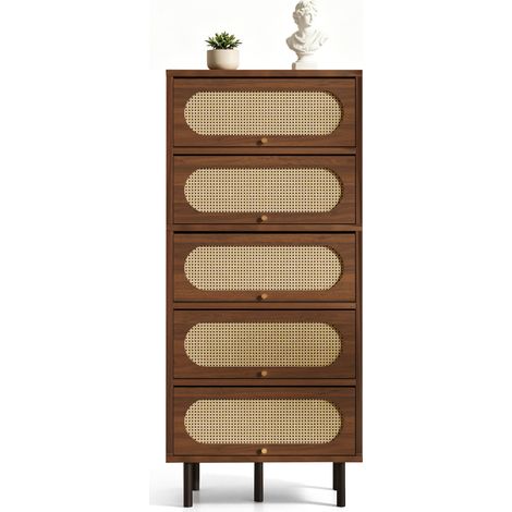 Bahut Noyer avec Rotin 80x40x163 cm, Armoire haute 5 abattants, Commode en bois avec pieds métal, Grand espace de rangement (1/5)