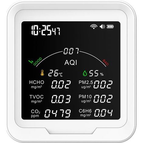 Portable Air Quality Tester HCHO/TVOC/CO2/PM2.5/PM10/AQI/C6H6, Temperature and Humidity Tester, Large 4.8-inch Screen, Carbon Dioxide Detector with Time Display, Function (1/5)