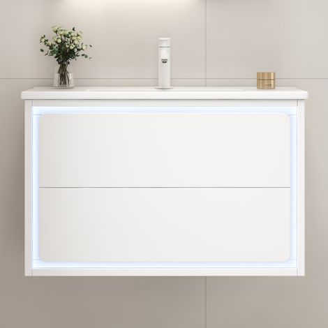 Meuble vasque suspendu 76x46x48,5 cm MDF blanc vasque céramique LED à capteur - CHICFURN (1/5)