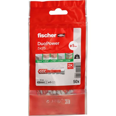 Fischer – Pack de 50 chevilles bi-matière DUOPOWER Ø5 x 25 mm – Pour béton armé et matériaux pleins – Installation facile avec collerette étroite