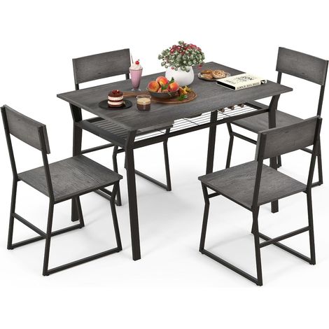 COSTWAY Table à Manger avec 4 Chaises, Ensemble Table et 4 Chaises, Cadre en Métal Noir, Table Cuisine Rectangulaire 110x70cm avec Étagère pour Salle à Manger, Cuisine, Salon (Gris) (1/5)
