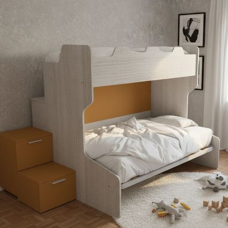 Letto a castello con gradini a cassetti e passerella - Una piazza e mezza e singola - Rovere rock