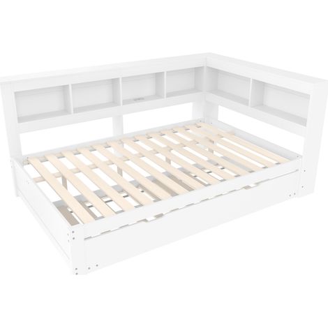 Cama banqueta 140x200 cm con cama nido, enchufe y 2 USB, somier de láminas, blanco MODENUIT (1/5)