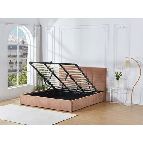 Lit coffre 180 × 200 cm – Tissu – Terracotta + Matelas – HOPEYA (1/4)