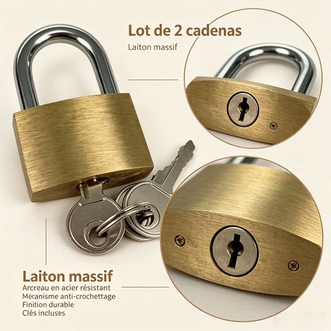 Cadenas de sécurité 30 mm en laiton, 2 pièces avec clés, corps compact, anse résistante, idéal valise, casier, armoire - Laiton (1/5)