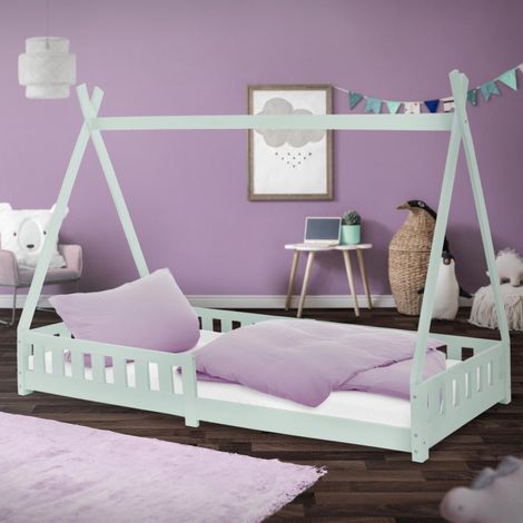ML-Design Cama Infantil Tipi Verde Menta 200x90 cm con Protección Anticaída y Somier Estructura de Listones de Madera de Pino Maciza Lecho Cuna de Suelo Mobiliario Juego Casa Tienda de Campaña Niños (1/5)