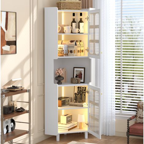 Meuble d’angle vitrine 63,5x157,5 cm en MDF blanc, LED, gain de place pour salon FLORAGRACE (1/5)