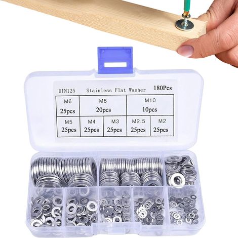 Kit d'assortiment de rondelles plates,Assortiment de rondelles, 180 pièces de joints d'aile et plates en acier inoxydable, Kit d'assortiment antirouille, d'étanchéité (1/5)