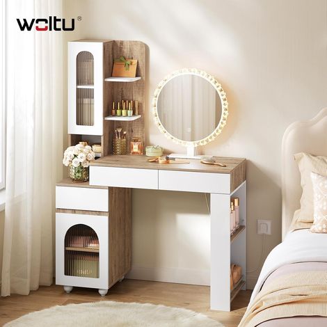 WOLTU Toeletta da Trucco con Specchio LED, Porta 3 Cassetti, 2 Armadietti, Scomparti Aperti e Scaffale Laterale Rovere Chiaro+Bianco (1/5)