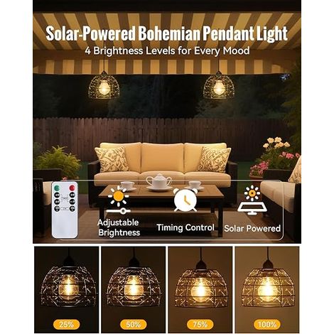 Lampe Solaire Intérieur Extérieur, 2 Suspensions Bohème avec Télécommande, Fonction Minuterie, Jardin Cour Tonnelle Cabanon Gazebo Maison Garage (1/4)