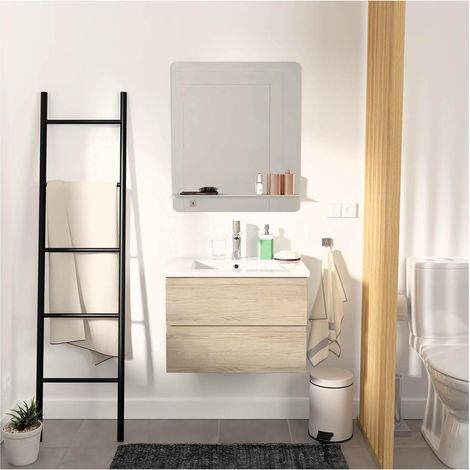 Mob-In – Ensemble meuble simple vasque décor chêne 60cm – Vasque en céramique avec trop-plein – Tiroirs de rangement intégrés – Meuble à monter soi-même