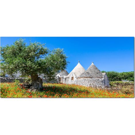 Lupia - Quadro moderno su Tela Canvas DEEP 65X143 cm, con paesaggi e localismi italiani, per casa, soggiorno, capezzale camera da letto, hotel, ufficio, PUGLIA - TRULLI E ALBERO ULIVO (1/4)