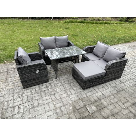Fimous Outdoor Garden Dining Sets Rattan Furniture With Dining Table Armchairs Love Sofa Big Footstool Dark Grey Mixed