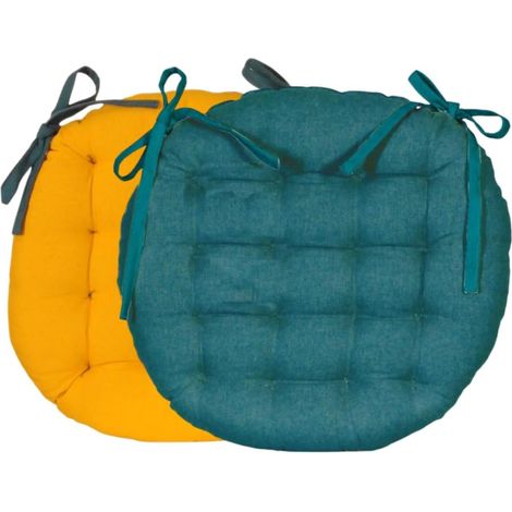 Atout Galette de Chaise Ronde Bicolore D. 40cm, Bleu Canard/Moutarde