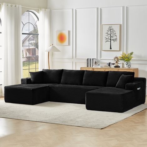 Canapé d'angle modulable 339x168x82 cm en tissu côtelé noir, sans montage pour salon FloraGrace (1/5)