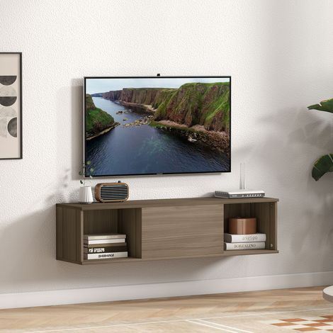 Meuble TV suspendu, Armoire murale avec 2 compartiments ouverts et porte rabattable, marron, 120 x 30 x 29,5 centimètres