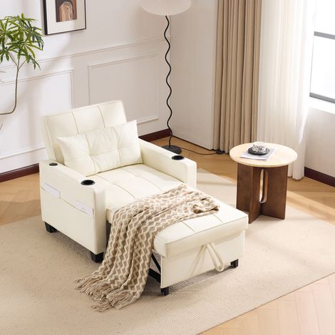 Poltrona 3 in 1 trasformabile in letto per gli ospiti, reclinabile in 3 posizioni, portabicchieri e porta USB, legno + metallo, bianco