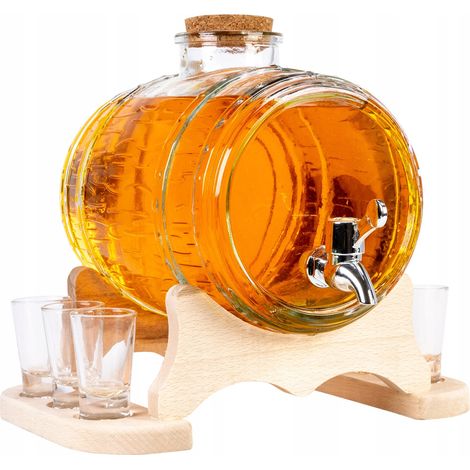 Set - Barile di vetro in una scatola da 3 litri + supporto in legno per 6 bicchieri + 6 bicchieri