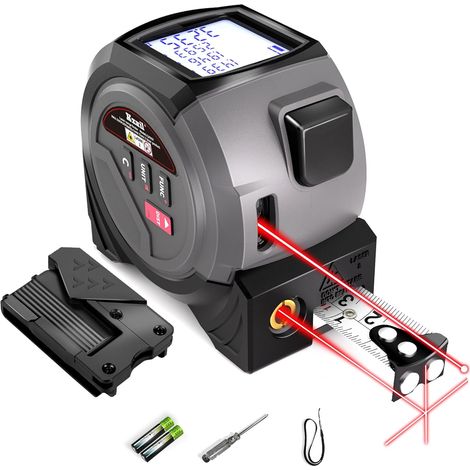 3-in-1 laser tape measure, 131 feet laser tape, 16 feet wooden tape measure, black