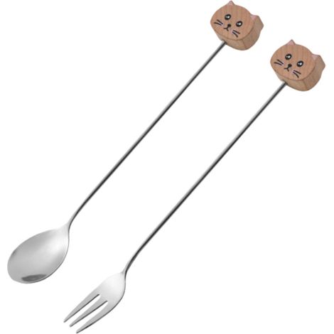 Ensemble de 2 pièces : fourchette et cuillère. Motif chaton. Acier inoxydable (inox). Bois d’érable blanc. Peut servir de cuillère à café, de cuillère à miel, etc. Conforme à la photo. (1/4)