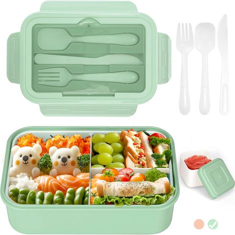 Lunch Box,Boîtes Bento Enfant Adulte Boîte 1400ml avec 3 Compartiments, Boite Repas,Conception Sans Fuite Lunchbox avec Couverts, pour Micro-onde Lave-vaisselle, École Pique Nique Travail (1/5)