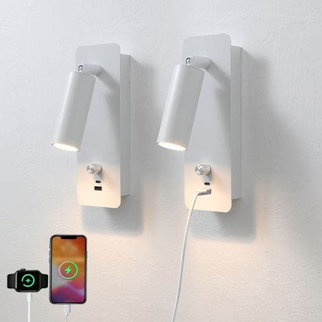Set 2 lampada da parete LED, rotazione 350掳, regolazione della luminosit脿, con porta USB Type-C, 8W 3000K, abat-jour stile minimalista, decorazione camera da letto, bianco (1/5)